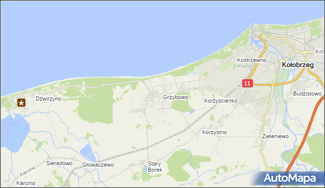 mapa Grzybowo gmina Kołobrzeg, Grzybowo gmina Kołobrzeg na mapie Targeo