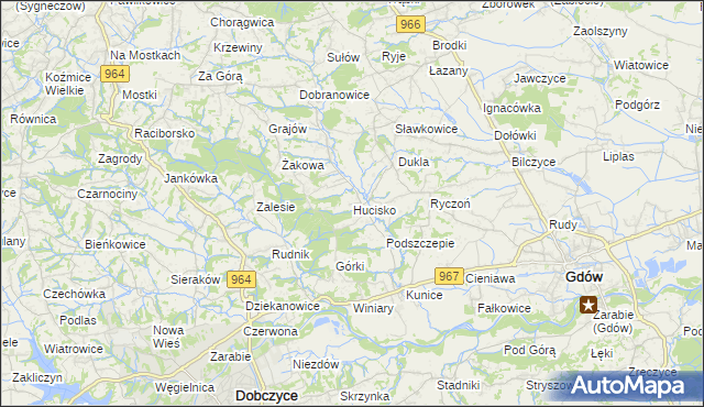 mapa Hucisko gmina Gdów, Hucisko gmina Gdów na mapie Targeo