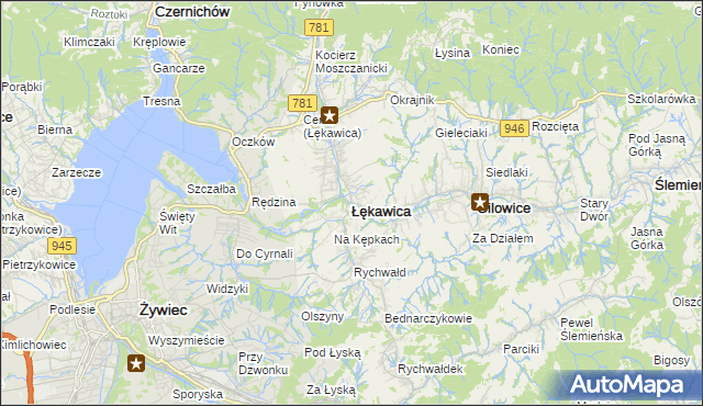 mapa Łękawica powiat żywiecki, Łękawica powiat żywiecki na mapie Targeo