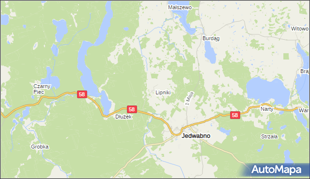 mapa Lipniki gmina Jedwabno, Lipniki gmina Jedwabno na mapie Targeo