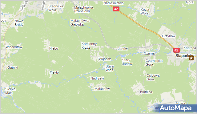 mapa Wąsosz gmina Końskie, Wąsosz gmina Końskie na mapie Targeo