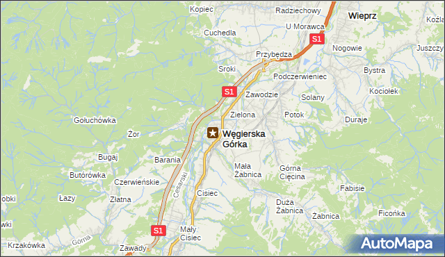 mapa Węgierska Górka, Węgierska Górka na mapie Targeo