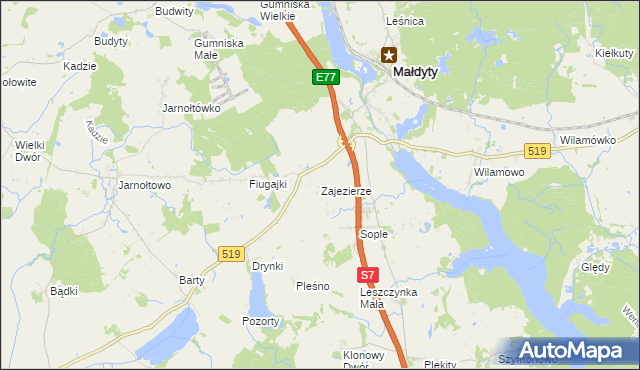 mapa Zajezierze gmina Małdyty, Zajezierze gmina Małdyty na mapie Targeo