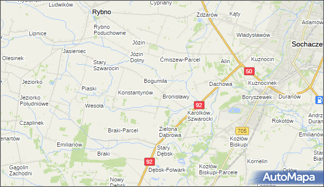 mapa Bronisławy gmina Rybno, Bronisławy gmina Rybno na mapie Targeo
