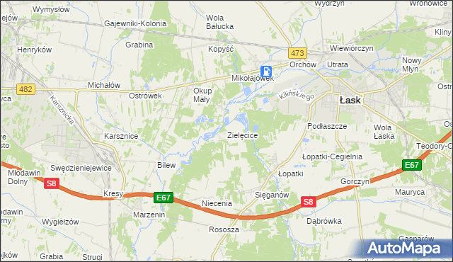 mapa Zielęcice gmina Łask, Zielęcice gmina Łask na mapie Targeo