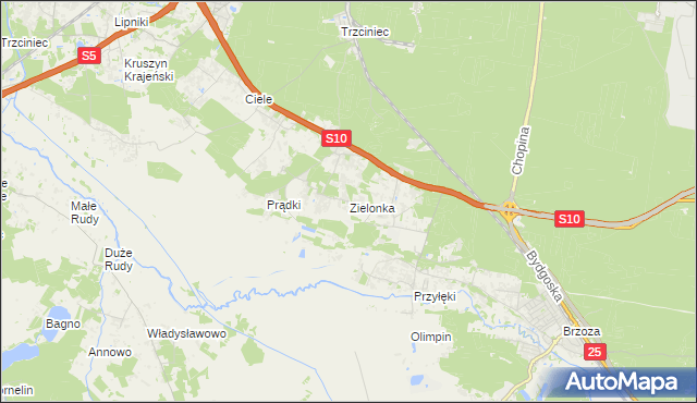 mapa Zielonka gmina Białe Błota, Zielonka gmina Białe Błota na mapie Targeo