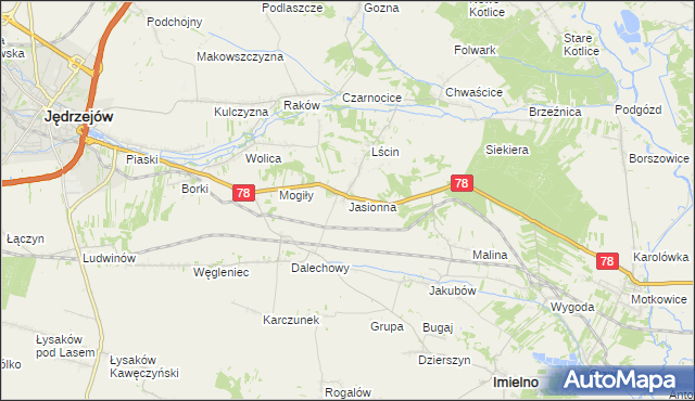 mapa Jasionna gmina Jędrzejów, Jasionna gmina Jędrzejów na mapie Targeo