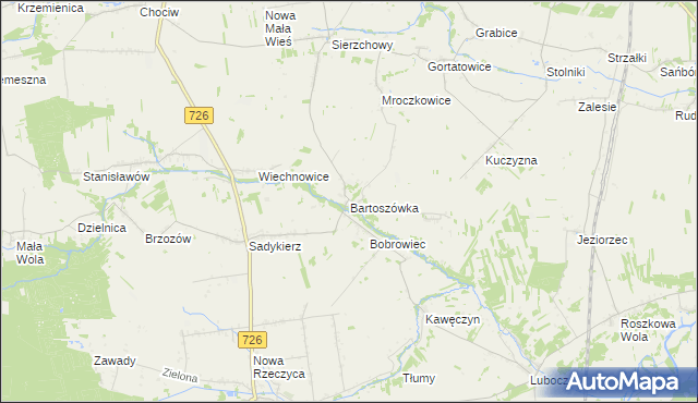 mapa Bartoszówka gmina Rzeczyca, Bartoszówka gmina Rzeczyca na mapie Targeo