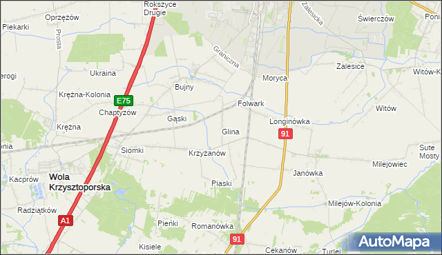 mapa Glina gmina Wola Krzysztoporska, Glina gmina Wola Krzysztoporska na mapie Targeo