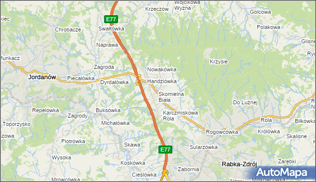 mapa Skomielna Biała, Skomielna Biała na mapie Targeo