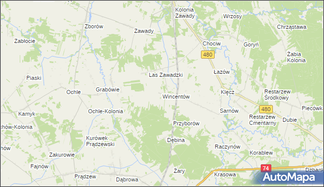 mapa Wincentów gmina Widawa, Wincentów gmina Widawa na mapie Targeo