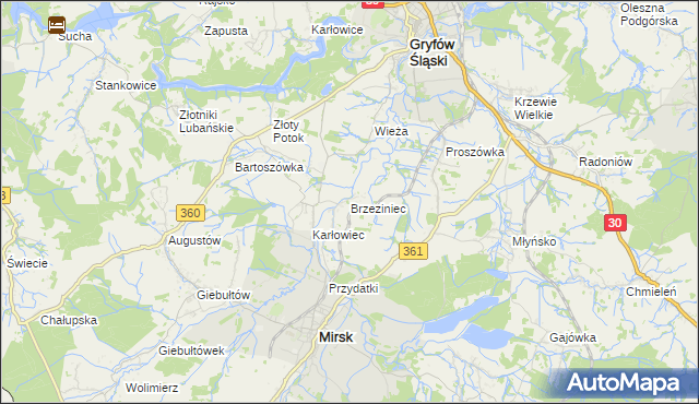 mapa Brzeziniec gmina Mirsk, Brzeziniec gmina Mirsk na mapie Targeo