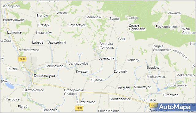 mapa Dzierążnia gmina Działoszyce, Dzierążnia gmina Działoszyce na mapie Targeo