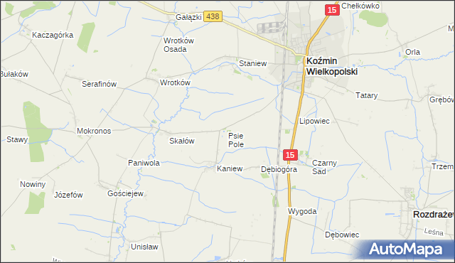 mapa Psie Pole gmina Koźmin Wielkopolski, Psie Pole gmina Koźmin Wielkopolski na mapie Targeo