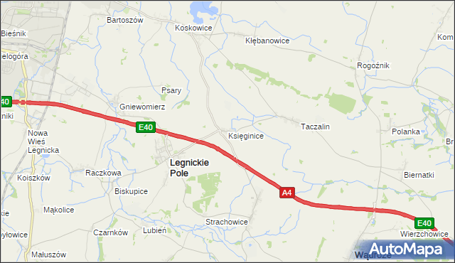 mapa Księginice gmina Legnickie Pole, Księginice gmina Legnickie Pole na mapie Targeo