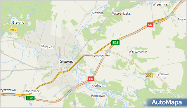 mapa Warszkowo gmina Sławno, Warszkowo gmina Sławno na mapie Targeo