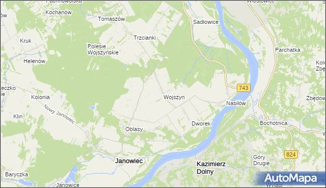 mapa Wojszyn gmina Janowiec, Wojszyn gmina Janowiec na mapie Targeo