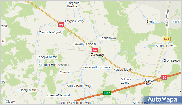 mapa Zawady powiat białostocki, Zawady powiat białostocki na mapie Targeo