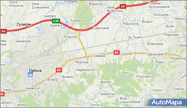 mapa Zawada gmina Dębica, Zawada gmina Dębica na mapie Targeo