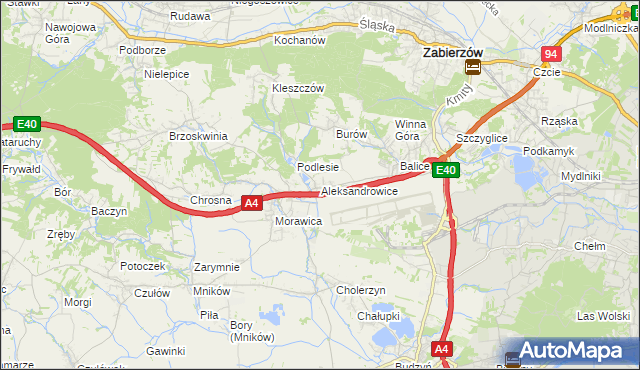 mapa Aleksandrowice gmina Zabierzów, Aleksandrowice gmina Zabierzów na mapie Targeo
