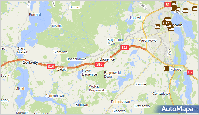 mapa Bagienice gmina Mrągowo, Bagienice gmina Mrągowo na mapie Targeo