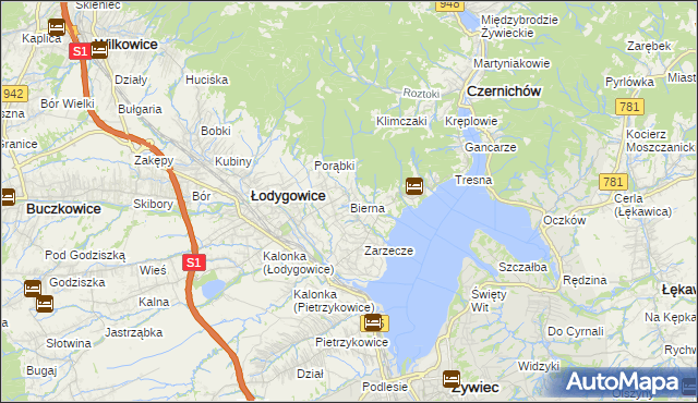 mapa Bierna gmina Łodygowice, Bierna gmina Łodygowice na mapie Targeo