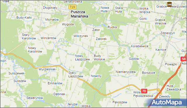 mapa Budy Wolskie gmina Puszcza Mariańska, Budy Wolskie gmina Puszcza Mariańska na mapie Targeo