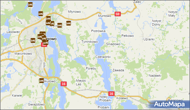 mapa Czerwonki gmina Mrągowo, Czerwonki gmina Mrągowo na mapie Targeo