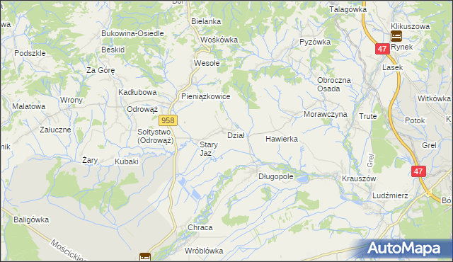 mapa Dział gmina Czarny Dunajec, Dział gmina Czarny Dunajec na mapie Targeo