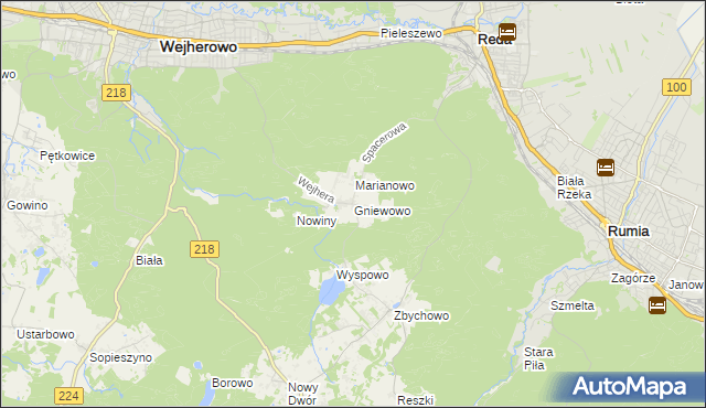 mapa Gniewowo gmina Wejherowo, Gniewowo gmina Wejherowo na mapie Targeo