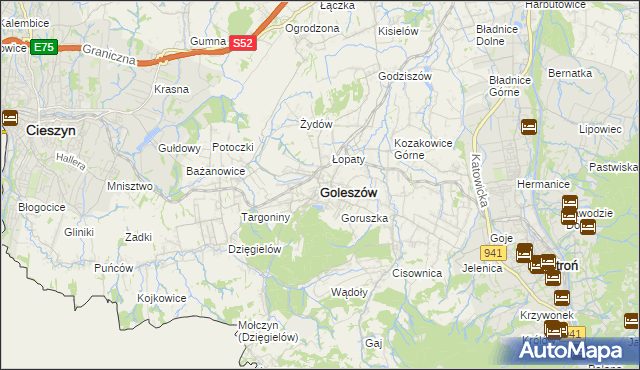 mapa Goleszów powiat cieszyński, Goleszów powiat cieszyński na mapie Targeo