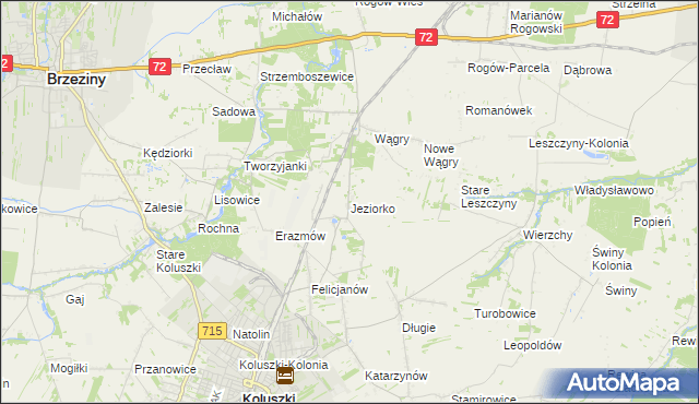 mapa Jeziorko gmina Koluszki, Jeziorko gmina Koluszki na mapie Targeo