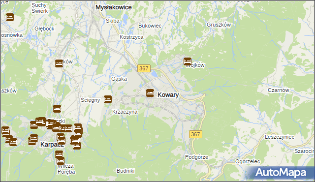 mapa Kowary powiat jeleniogórski, Kowary powiat jeleniogórski na mapie Targeo