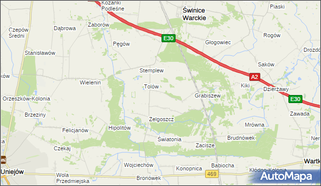 mapa Ładawy gmina Świnice Warckie, Ładawy gmina Świnice Warckie na mapie Targeo