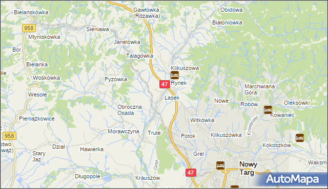 mapa Lasek gmina Nowy Targ, Lasek gmina Nowy Targ na mapie Targeo