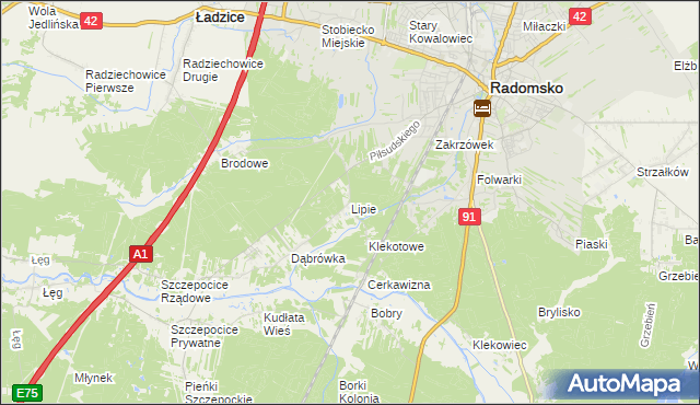 mapa Lipie gmina Radomsko, Lipie gmina Radomsko na mapie Targeo