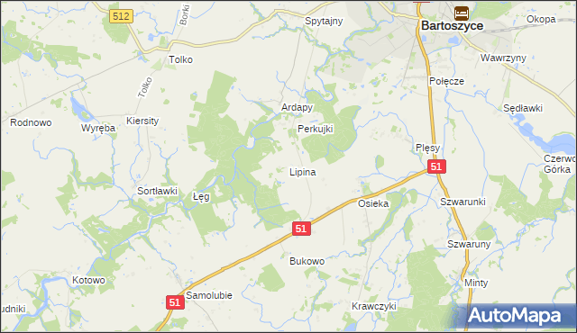 mapa Lipina gmina Bartoszyce, Lipina gmina Bartoszyce na mapie Targeo