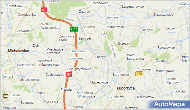 mapa Łuczyce gmina Kocmyrzów-Luborzyca, Łuczyce gmina Kocmyrzów-Luborzyca na mapie Targeo
