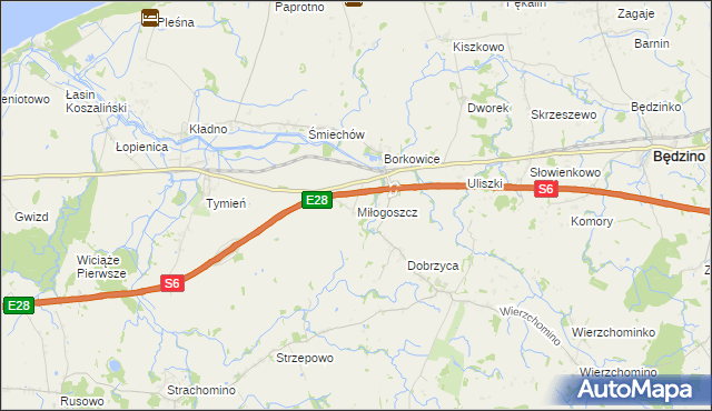 mapa Miłogoszcz gmina Będzino, Miłogoszcz gmina Będzino na mapie Targeo