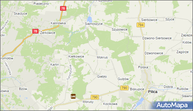 mapa Mokrus gmina Ogrodzieniec, Mokrus gmina Ogrodzieniec na mapie Targeo