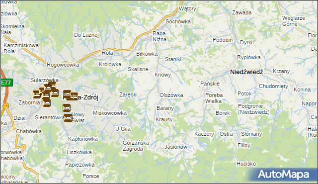 mapa Olszówka gmina Mszana Dolna, Olszówka gmina Mszana Dolna na mapie Targeo