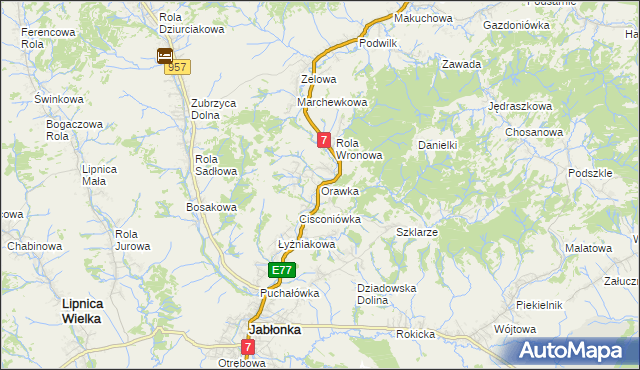 mapa Orawka gmina Jabłonka, Orawka gmina Jabłonka na mapie Targeo