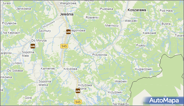 mapa Przyborów gmina Jeleśnia, Przyborów gmina Jeleśnia na mapie Targeo