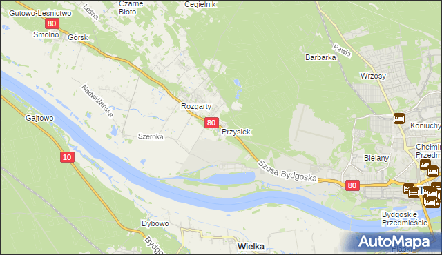 mapa Przysiek gmina Zławieś Wielka, Przysiek gmina Zławieś Wielka na mapie Targeo