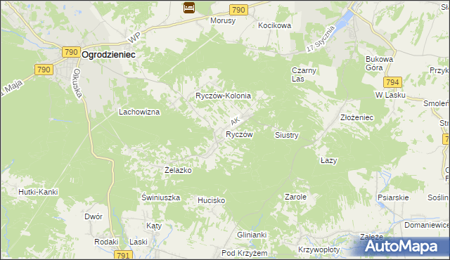 mapa Ryczów gmina Ogrodzieniec, Ryczów gmina Ogrodzieniec na mapie Targeo