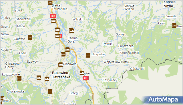 mapa Rzepiska gmina Bukowina Tatrzańska, Rzepiska gmina Bukowina Tatrzańska na mapie Targeo