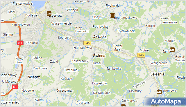 mapa Świnna powiat żywiecki, Świnna powiat żywiecki na mapie Targeo