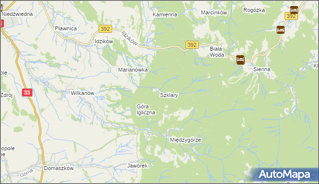 mapa Szklary gmina Bystrzyca Kłodzka, Szklary gmina Bystrzyca Kłodzka na mapie Targeo