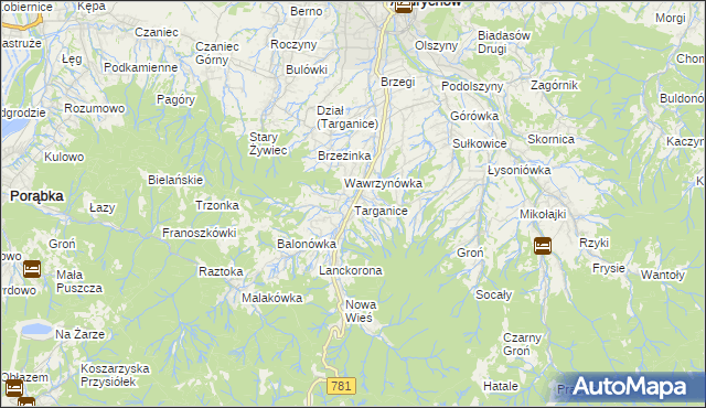 mapa Targanice, Targanice na mapie Targeo