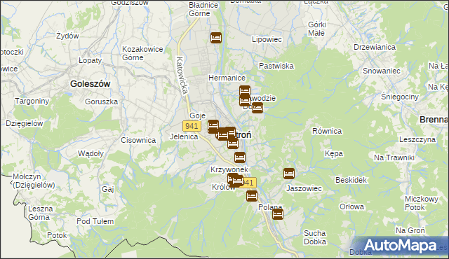 mapa Ustroń powiat cieszyński, Ustroń powiat cieszyński na mapie Targeo